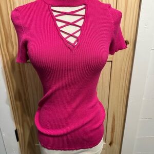 Women's Hot Pink Ribbed Top with Crisscross Detail